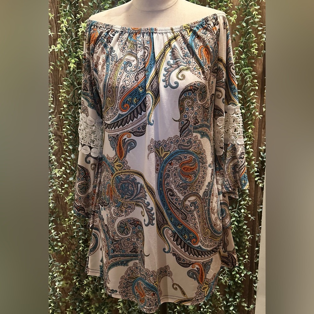 Paisley Print Dress with Lace Bell Sleeves
